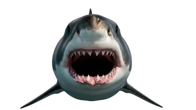 Great white shark with open mouth isolated PNG, apex predator with sharp teeth on transparent background