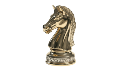 Golden knight chess piece PNG isolated on transparent background, strategic game element for design projects and creative compositions