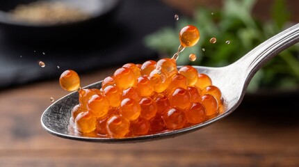 Red salmon caviar spheres, known as roe, splashing elegantly on a metal spoon, showcasing a luxurious gourmet seafood appetizer against a dark background
