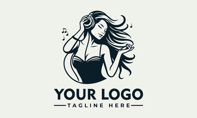 A minimalist vector logo design featuring a woman with flowing hair and headphones listening to music on a clean background with space for a custom logo and tagline.