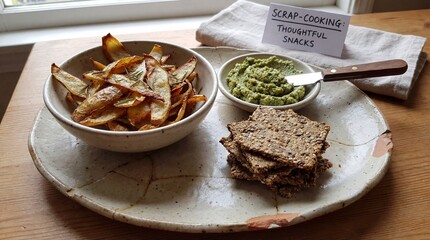 Home kitchen scene presenting a platter of roasted potato peels with rosemary, green dip, and seeded crackers, promoting sustainable and zero-waste cooking for healthy snacks