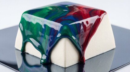 Individual european entremet cake artfully decorated with a vibrant, shiny, and abstract multi-colored mirror glaze dripping over its white surface, presented on a dark reflective base