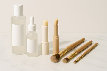 A collection of makeup products including bottles, tubes, and brushes in natural tones, arranged on a white marble surface with soft shadows and warm lighting.