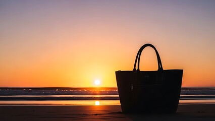 Silhouette of a dark beach bag on sand at sunset with ocean waves and colorful sky image photo