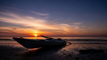 Silhouette of a Kayak on a Sandy Beach During a Vibrant Sunset Over the Ocean canoe boat