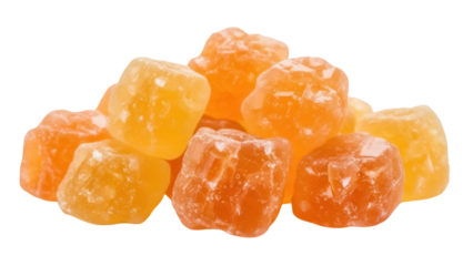 Pile of orange marmalade candy cubes isolated PNG on transparent background, sweet fruit jelly confectionery for dessert and snack