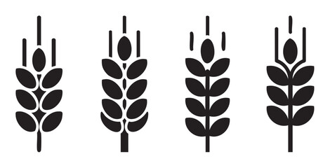 Four stylized wheat grain cereal crop spikes represent agriculture and harvest, symbolizing natural food, baking ingredients, and healthy organic produce.