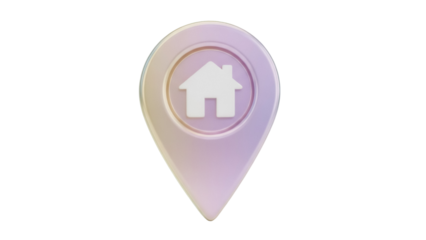 Iridescent location pin with house isolated PNG, home address pointer for maps and navigation on transparent background