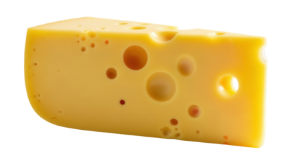 Swiss cheese wedge PNG isolated on transparent background, yellow dairy product with holes for food design and culinary projects