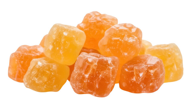 Pile of orange marmalade candy cubes isolated PNG on transparent background, sweet fruit jelly confectionery for dessert and snack