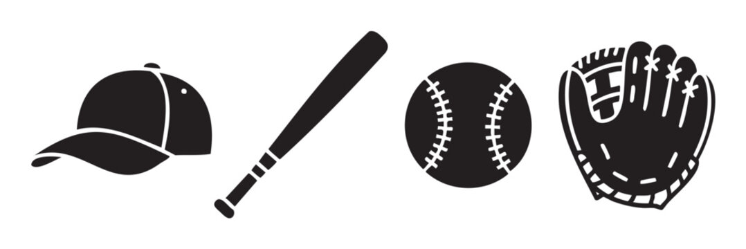 Baseball equipment icons including cap, bat, ball, and glove are arranged horizontally, representing popular sports gear and game accessories in a simple black silhouette style.