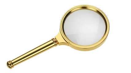 Golden magnifying glass isolated PNG on transparent background, classic handheld magnifier for reading and inspection use
