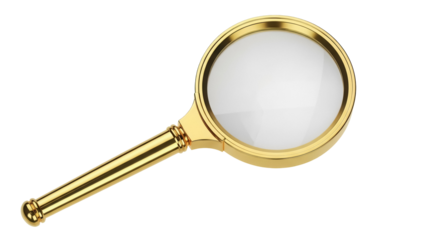 Golden magnifying glass isolated PNG on transparent background, classic handheld magnifier for reading and inspection use
