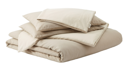 Soft bedding set arranged neatly on a white background for bedroom decor or sleep comfort ideas during any season