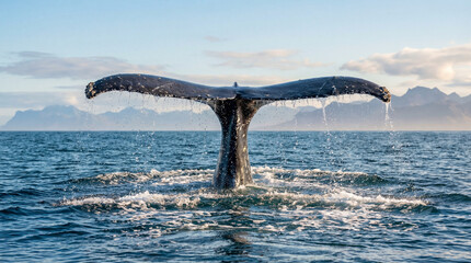 Obraz premium Whale tail emerging from ocean surface with water splashing.