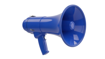 Blue megaphone isolated PNG on transparent background, bullhorn loudspeaker for announcements and public address systems