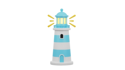 Cartoon lighthouse PNG isolated on transparent background, blue and white striped nautical tower with light beams for maritime themes