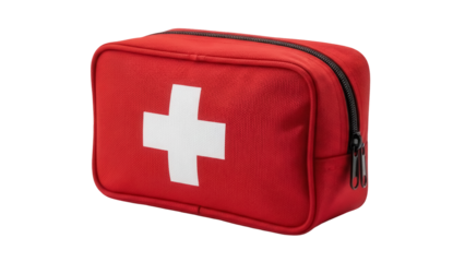 Red first aid kit bag with white cross isolated PNG, emergency medical equipment for healthcare and safety on transparent background