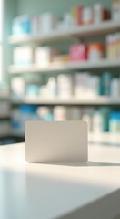 Blank card on a counter in a pharmacy mockup vertical background copy space