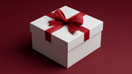 Fototapeta premium Blank white rectangle gift box mock up open or top view of white present box product display showcase frame tied with red ribbon bow isolated on dark red background with shadow concepts 3D 