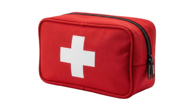 Red first aid kit bag with white cross isolated PNG, emergency medical equipment for healthcare and safety on transparent background - Powered by Adobe