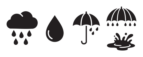 Fototapeta premium Rain and weather related vector icons set featuring various elements like clouds, drops, umbrellas, and splashes, perfect for forecasting or environmental themes.