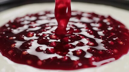 A vibrant rich red berry sauce possibly a homemade raspberry or cherry compote is being generously poured onto a pristine white surface creating an appetizing and visually appealing swirl of sweet fr.