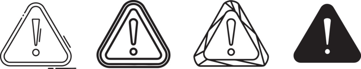Warning alert triangle icon set in outline bold geometric and silhouette styles representing caution error risk notification and safety system symbols