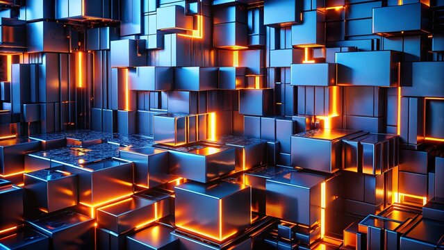 Futuristic Orange Neon LED Lights on Dark Blue Metal Rectangles - Abstract Technology Background
