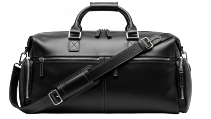 Black leather bag with handle isolated on transparent background