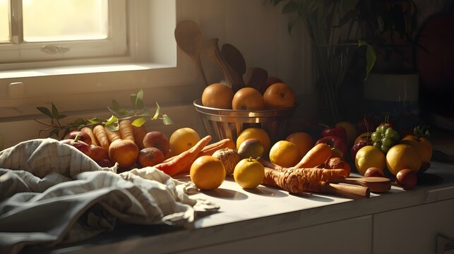 A vibrant assortment of fresh fruits and vegetables artfully arranged on a sunlit kitchen counter, showcasing healthy eating and natural abundance in a home kitchen - Powered by Adobe