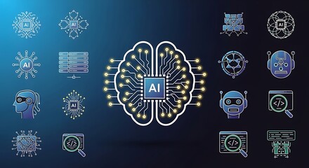 Artificial Intelligence Brain Circuitry and Technology Icons on Blue Background.