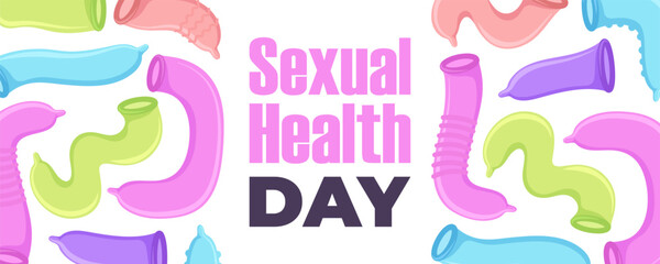 Sexual Health Day Horizontal Banner with colorful condoms pattern