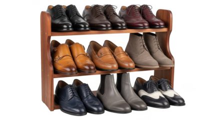 Assorted mens shoes on wooden rack isolated on transparent background