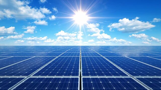 Extensive solar panel array under a sunny blue sky. Symbolizes renewable energy and power generation technology for a sustainable future.