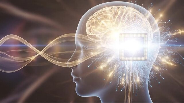 Artificial intelligence concept: human brain merged with computer chip and glowing circuits
