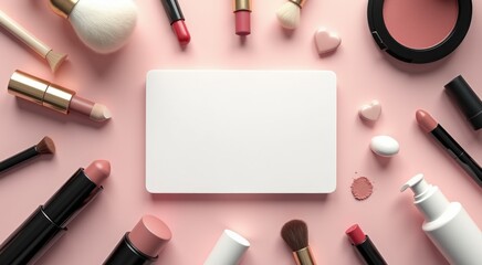 White square surrounded by various makeup products copy space