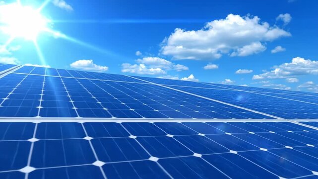 A field of vivid blue solar panels reflecting sunlight, set against a bright blue sky dotted with fluffy white clouds, promoting renewable energy sources.