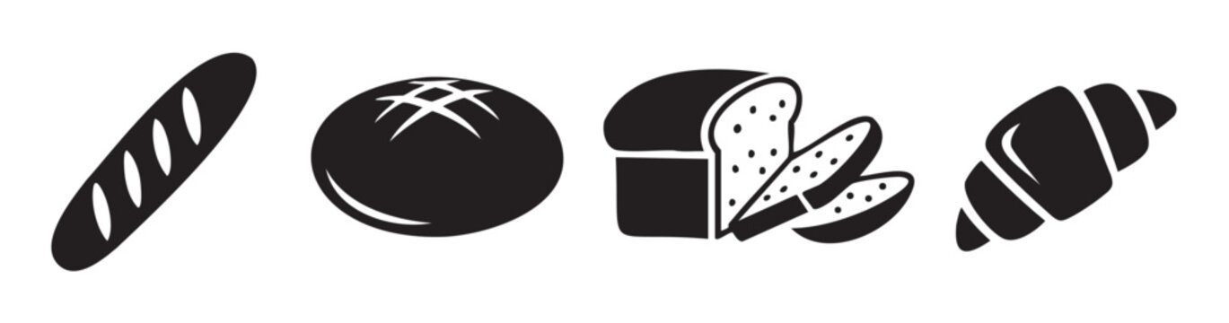Various bakery items represented as simple black silhouette icons, including a baguette, round loaf, sliced bread, and a croissant, perfect for food-related designs.