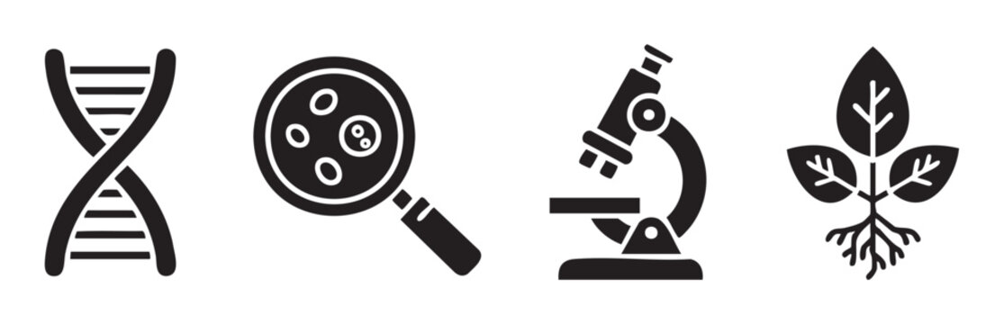 DNA magnifying glass microscope plant icons depict fundamental concepts and tools used in biological science, genetic research, and botanical studies.