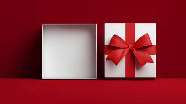 Blank white rectangle gift box mock up open or top view of white present box product display showcase frame tied with red ribbon bow isolated on dark red background with shadow concepts 3D 