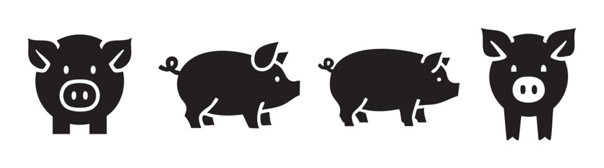 Fototapeta premium Four stylized black pig icons representing farm animals, livestock, and pork products in a versatile graphic design suitable for various agricultural and food-related concepts.