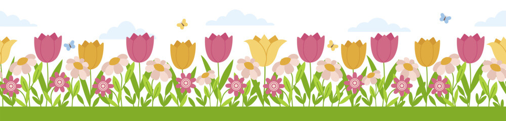 Colorful Spring Flowers and Butterflies Vector Illustration