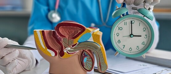 Medical professional examines anatomical model of male reproductive system