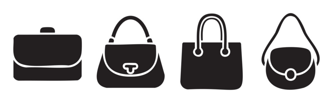 Different types of bags and purses are illustrated as a set of minimalist black silhouette icons for fashion and accessory concepts.