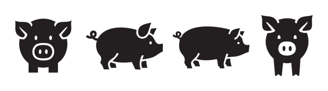 Four stylized black pig icons representing farm animals, livestock, and pork products in a versatile graphic design suitable for various agricultural and food-related concepts.