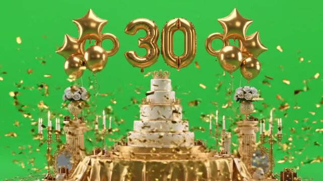 Golden 30th Birthday Celebration with Cake and Confetti.