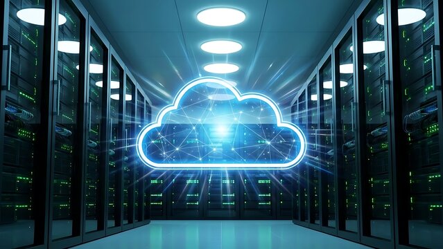 Digital cloud computing network icon glowing brightly above rows of server racks in a futuristic data center environment symbolizing global connectivity and data storage infrastructure
