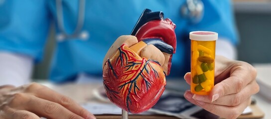 Doctor hand in holds red heart symbol and heart pills