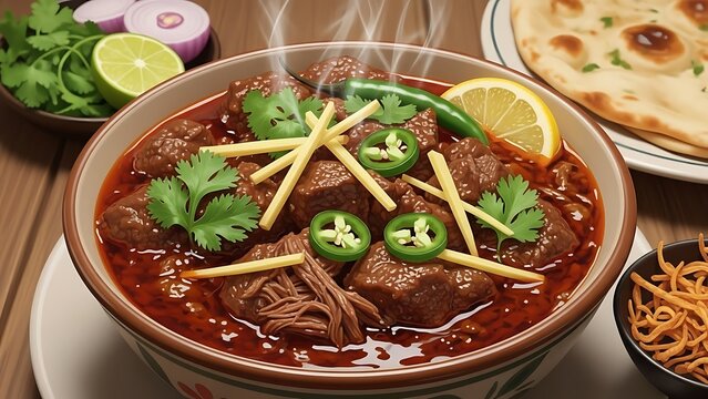 Delicious Pakistani Nihari dish served in a bowl with naan and garnishes.